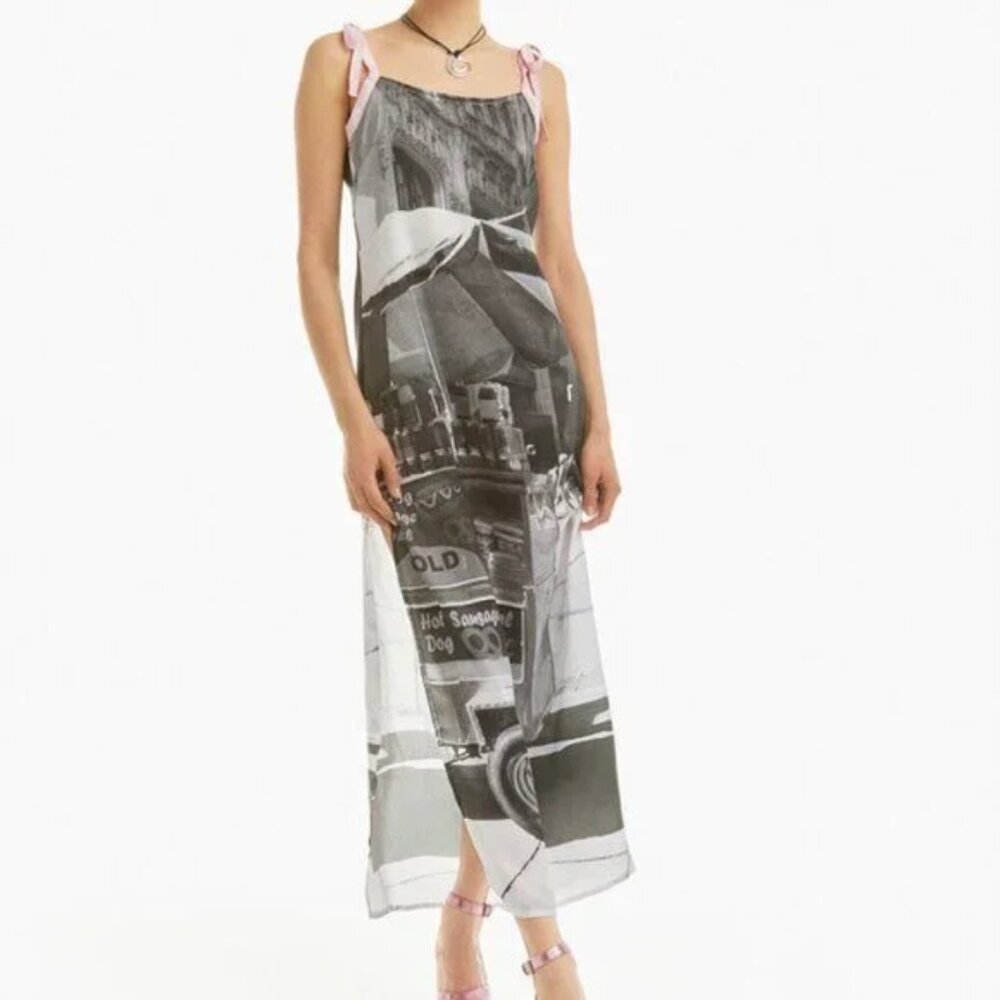 Basic Pleasure Mode Bowtie City Print Satiny Maxi Dress